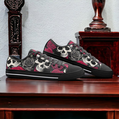 Skulls And Roses hand-made low-top canvas shoes — unique wearable art by Freaky Shoes