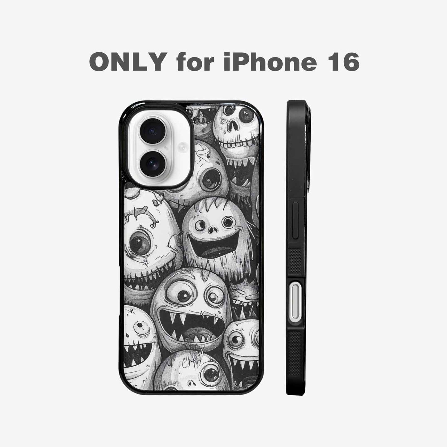 iPhone 16 Case — Black And White Monster Face Collage, Original Design Phone Case