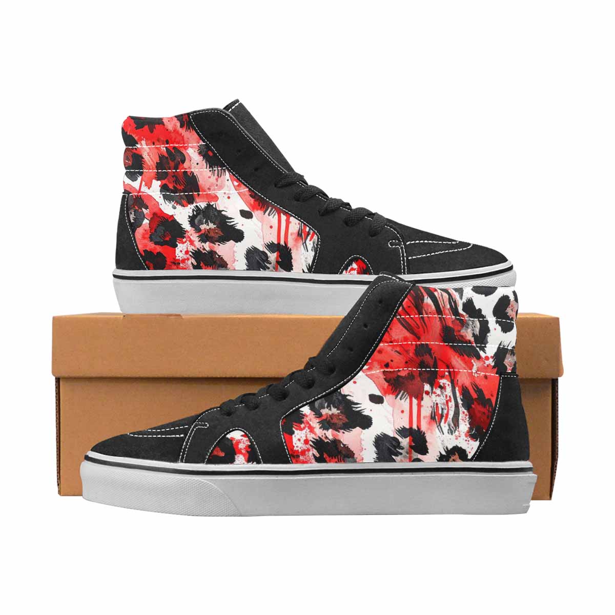 WOMEN'S Leopard Black & Red Ink High Top Canvas Unique Print Cottagecore Custom Streetwear Shoes