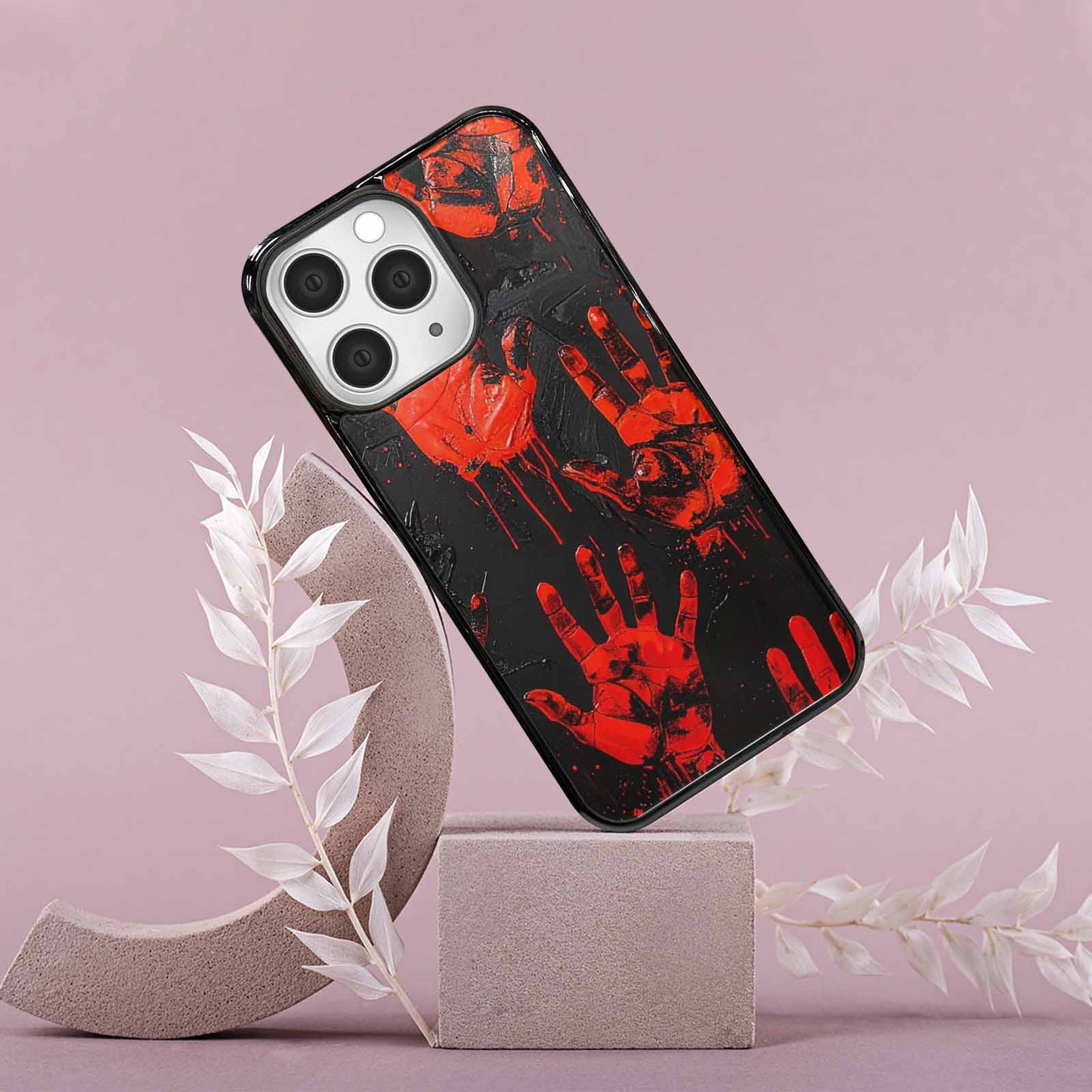iPhone 15 Pro Max Case — Splatter Paint Art Hand Prints Black, Custom Designed Case Cover