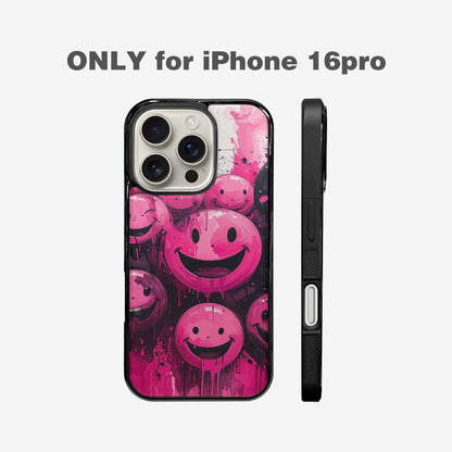 iPhone 16 Pro Case — Melting Moon Smiley Black Pink Ink, Custom Designed Case Cover