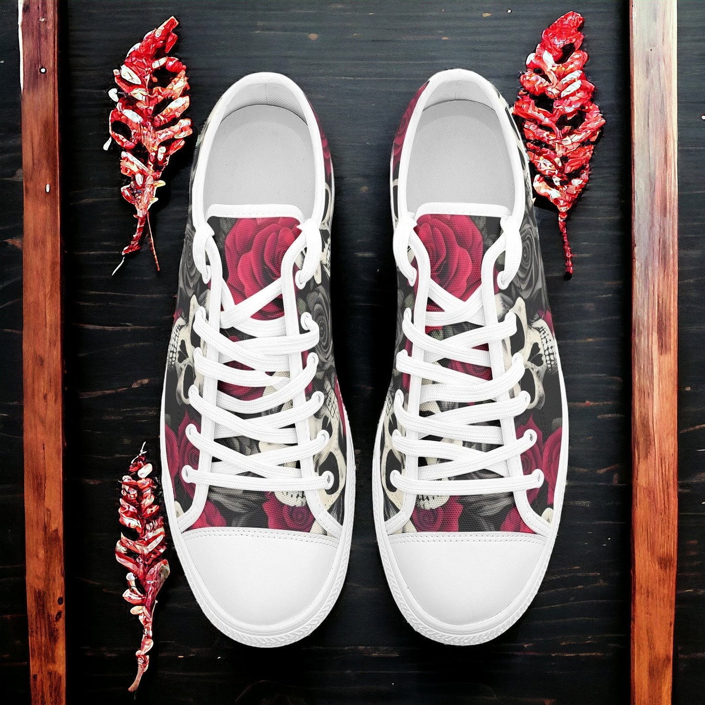 Custom Skulls And Roses low-top canvas shoes with bold all-over art — Freaky Shoes
