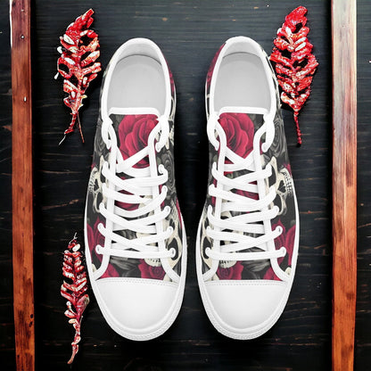 Custom Skulls And Roses low-top canvas shoes with bold all-over art — Freaky Shoes