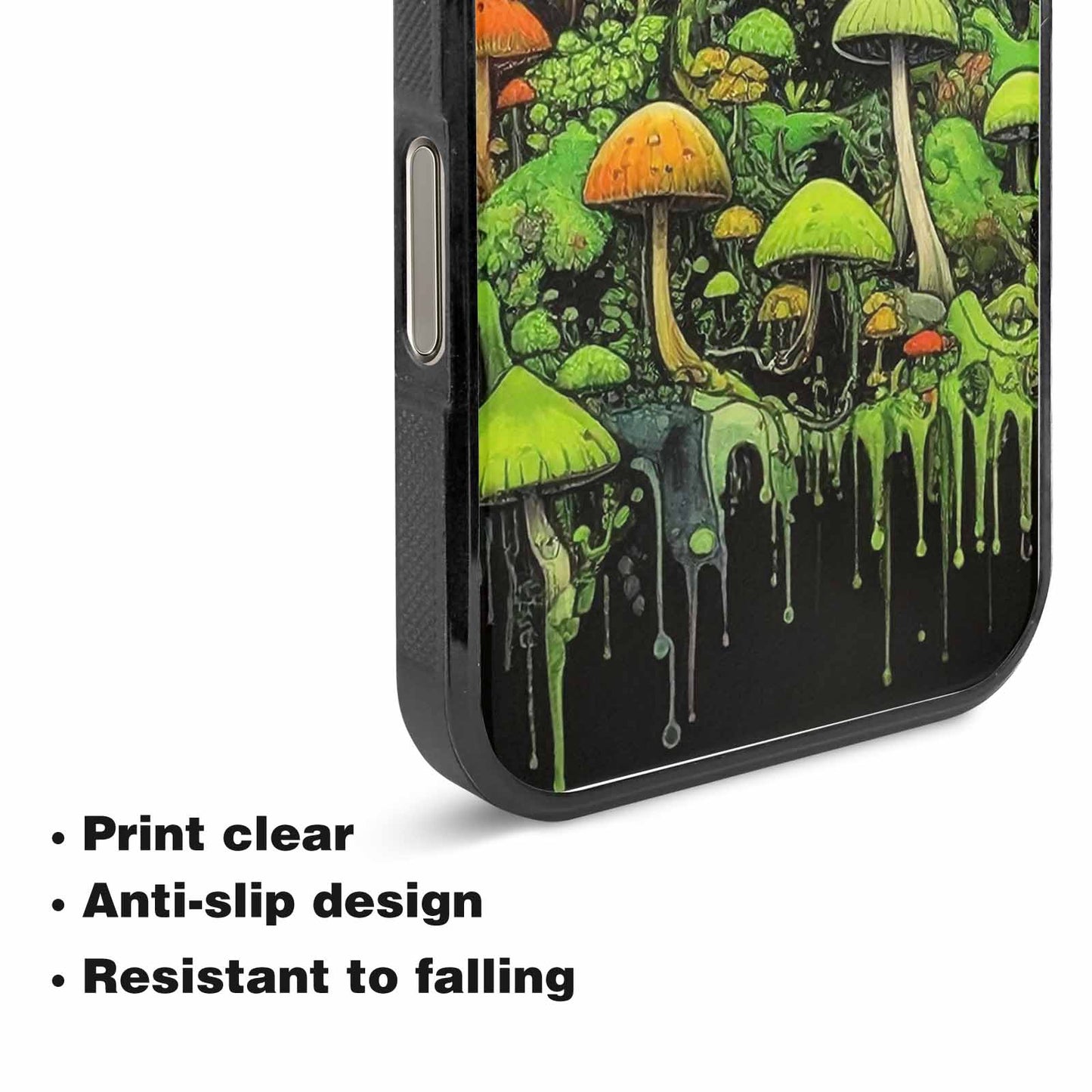 iPhone 15 Pro Max Case — Rainbow Drip Mushrooms Black Green Ink, Unique Phone Case Design