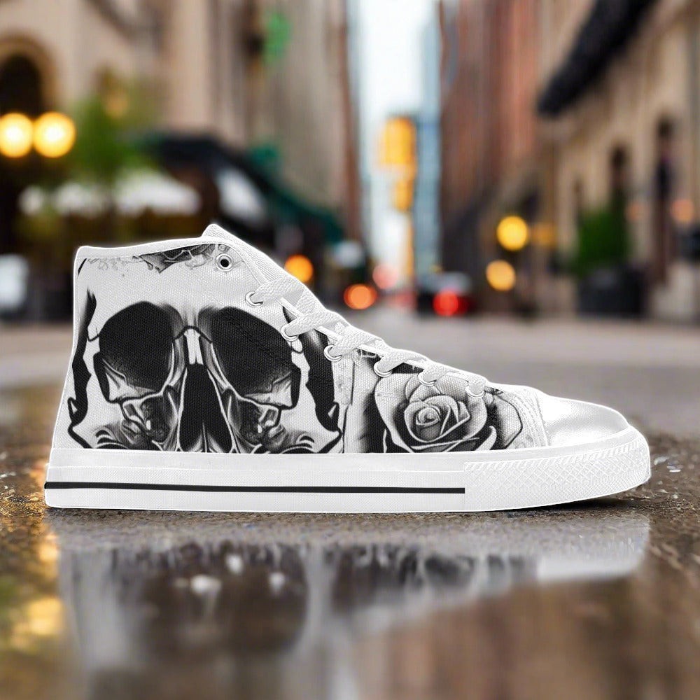 Men's Grey Skull & Roses Black & White custom high-top canvas shoes — wearable art by Freaky Shoes