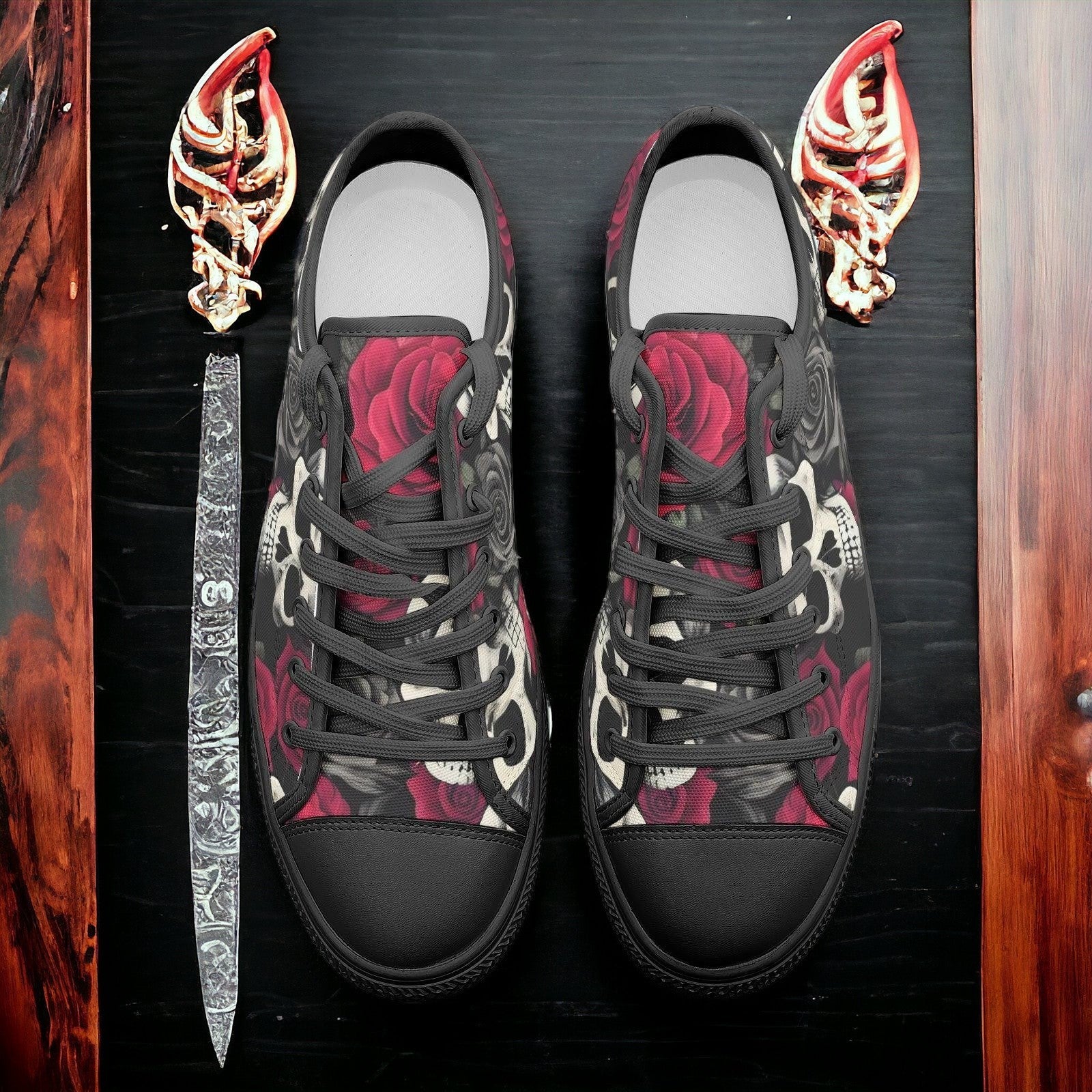 Skulls And Roses custom low-top canvas shoes — wearable art by Freaky Shoes