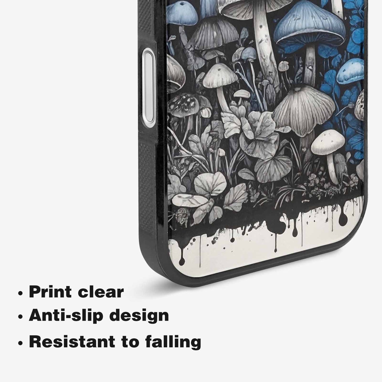 iPhone 16 Plus Case — Mushrooms General Black Blue Ink Mushrooms, Unique Phone Case Design