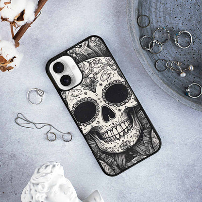 iPhone 16 Plus Case — Intricately Detailed Sugar Skulls In Black, Custom Art Phone Cover