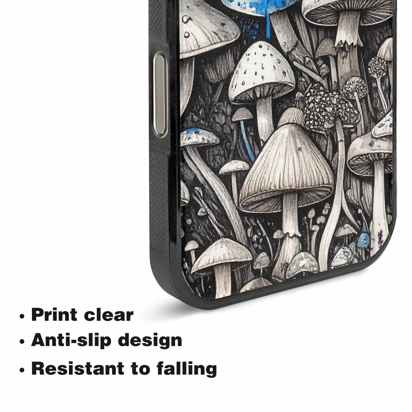 iPhone 16 Pro Max Case — Mushrooms General Black Blue Ink Mushrooms, Custom Designed Case Cover