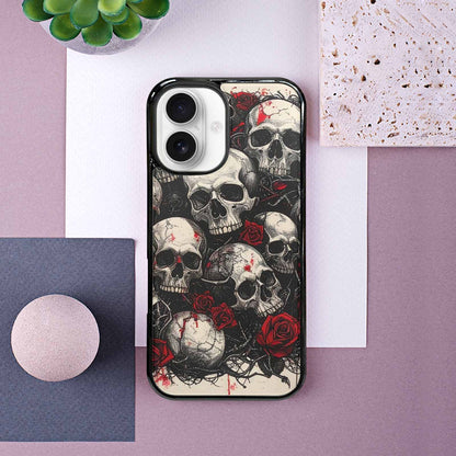 iPhone 16 Case — Skull And Roses Black Red Ink, Customized Protective Case