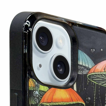 iPhone 15 Case — Rainbow Drip Mushrooms Black Green Ink, Original Design Phone Case