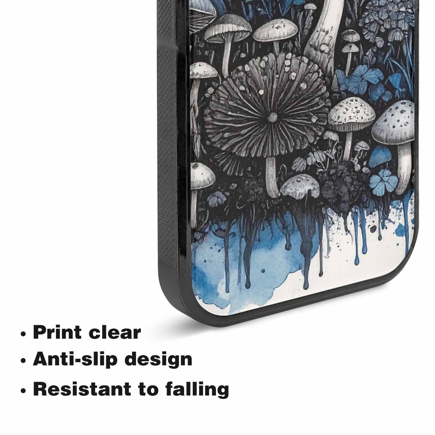 iPhone 15 Case — Mushrooms General Black Blue Ink Mushrooms, Custom Phone Case