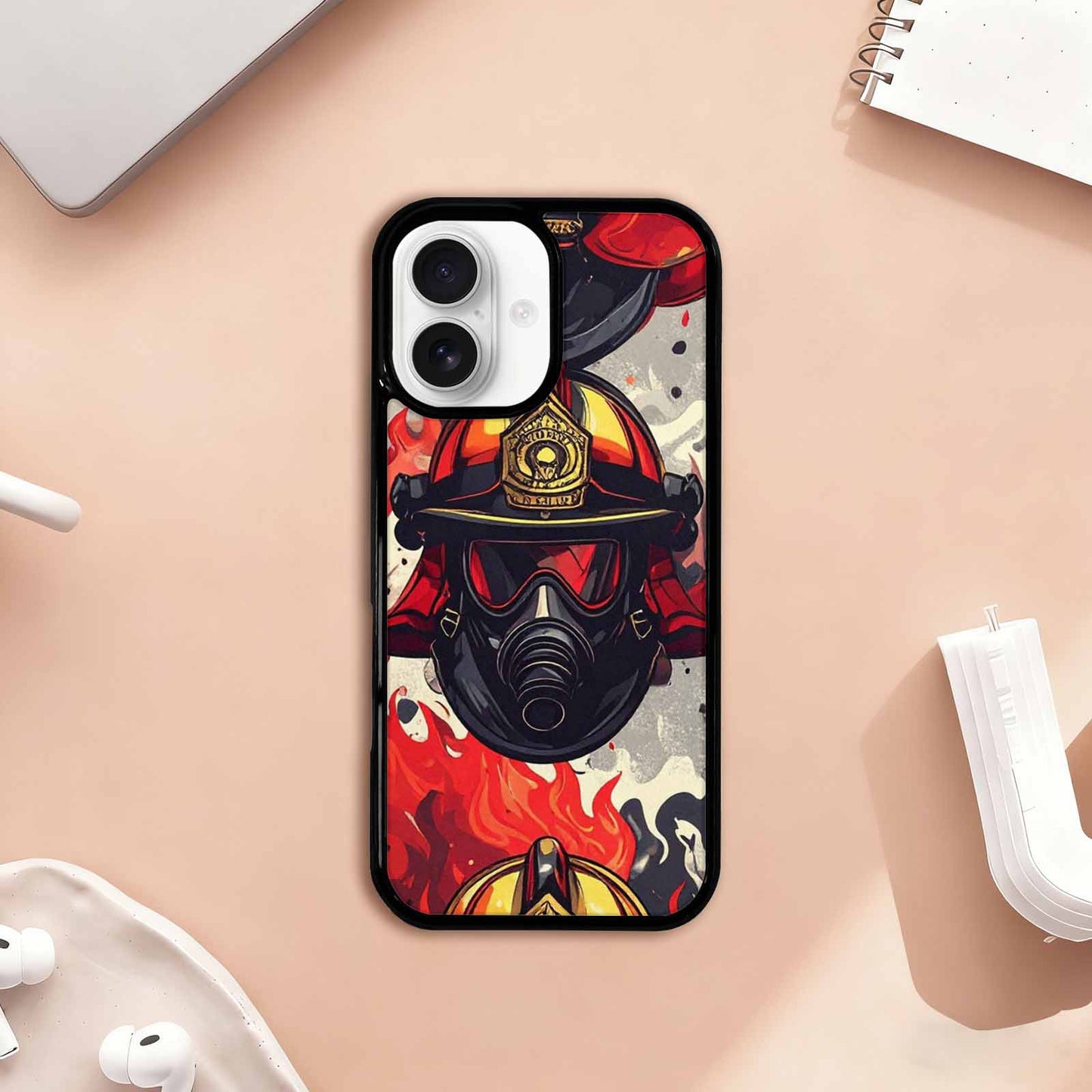 iPhone 17 Case — Firefighter Pattern, Flames Axes Original Art, Custom Printed Phone Case