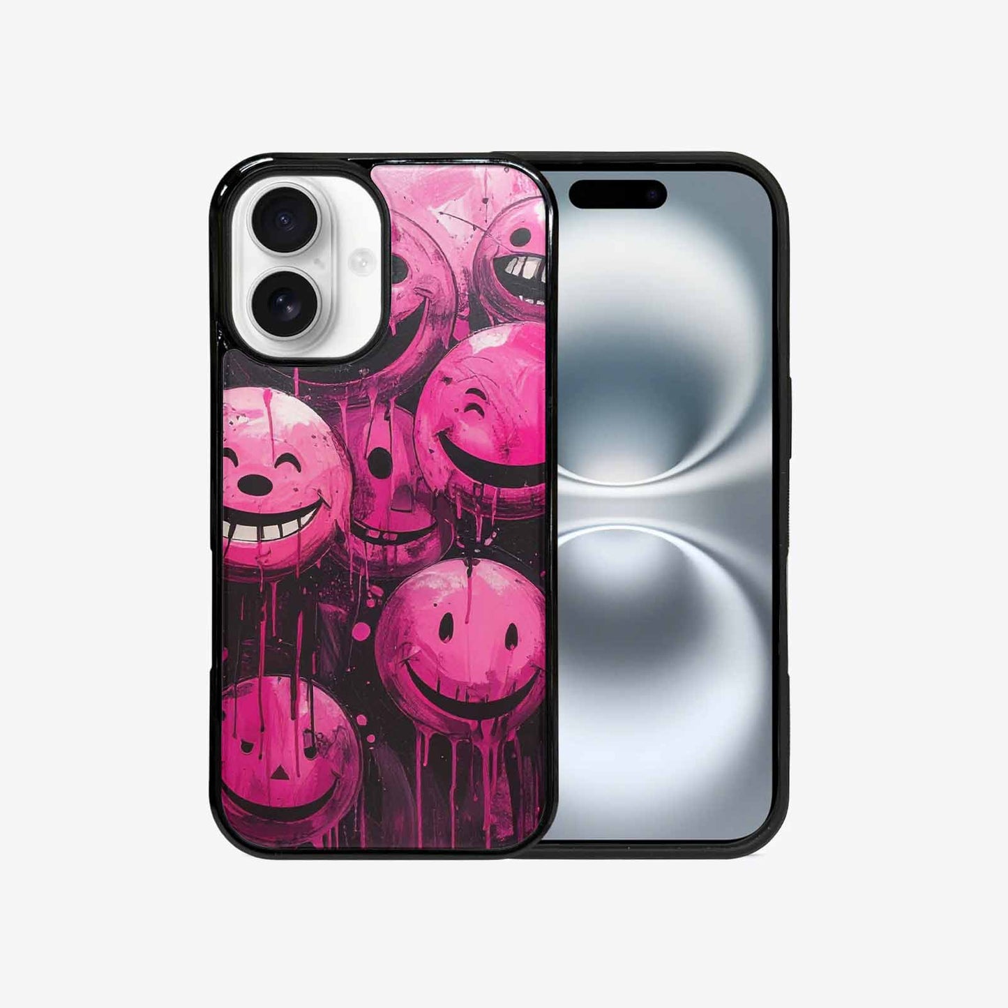 iPhone 16 Case — Melting Moon Smiley Black Pink Ink, Original Design Phone Case