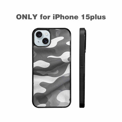 iPhone 15 Plus Case — Grey Camo Print, Custom Art Phone Cover