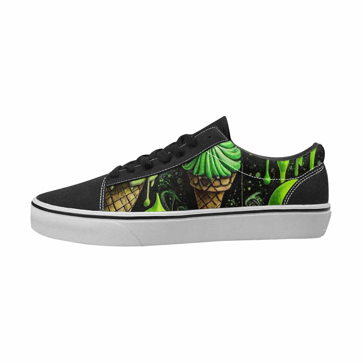 WOMEN'S Ice Cream Black & Green Ink Canvas Personalized Cottagecore Custom Art Shoes