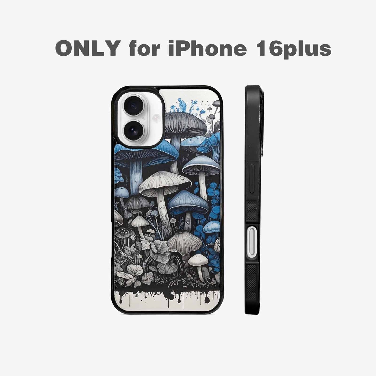 iPhone 16 Plus Case — Mushrooms General Black Blue Ink Mushrooms, Unique Phone Case Design