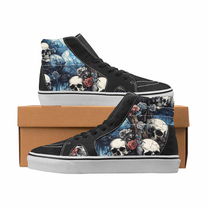 WOMEN'S Skulls Black & Blue Ink High Top Canvas Wearable Art Cottagecore All Over Print Shoes