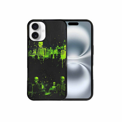 iPhone 16 Plus Case — Skeletons Neon Green Glow Skeletons Pattern, Custom Printed Phone Case