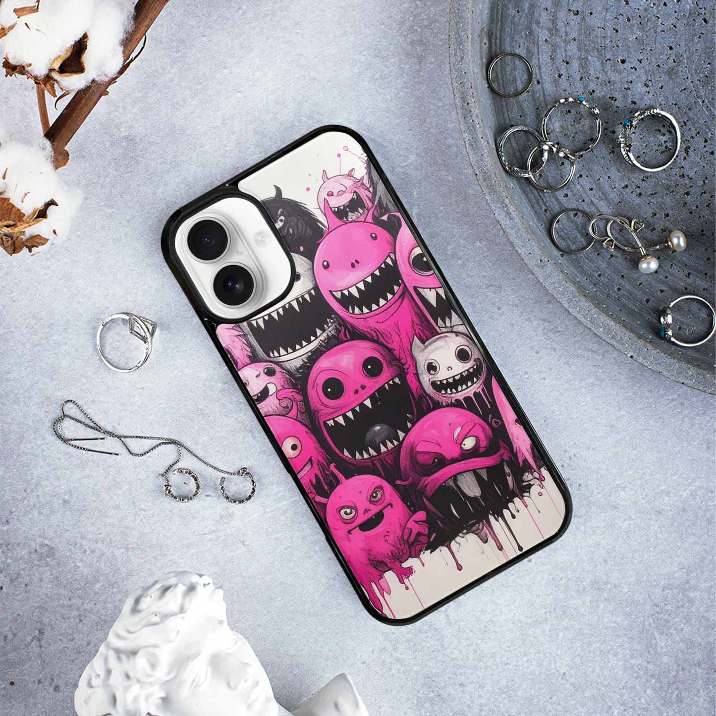 iPhone 16 Plus Case — Monsters General Black Pink Ink Cartoon, Customized Protective Case