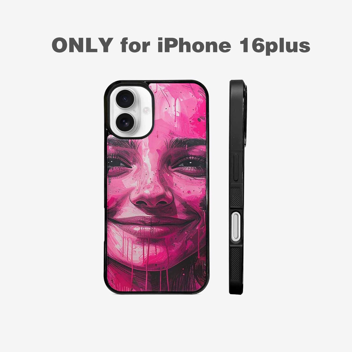 iPhone 16 Plus Case — Melting Moon Smiley Black Pink Ink, Original Design Phone Case