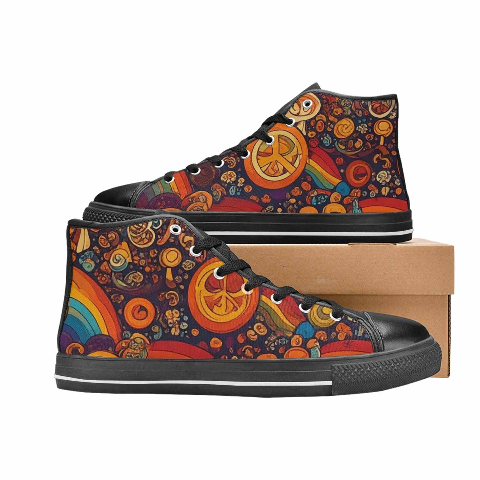 MEN'S Groovy 70S Peace High Top Canvas Vibrant Chaos Custom Sneakers