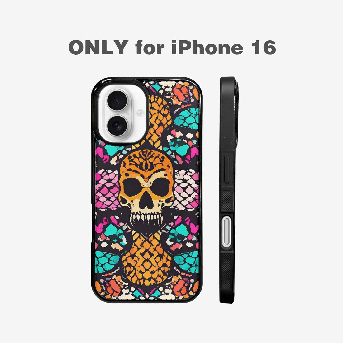 iPhone 16 Case — Snake Print Skull, Custom Phone Case
