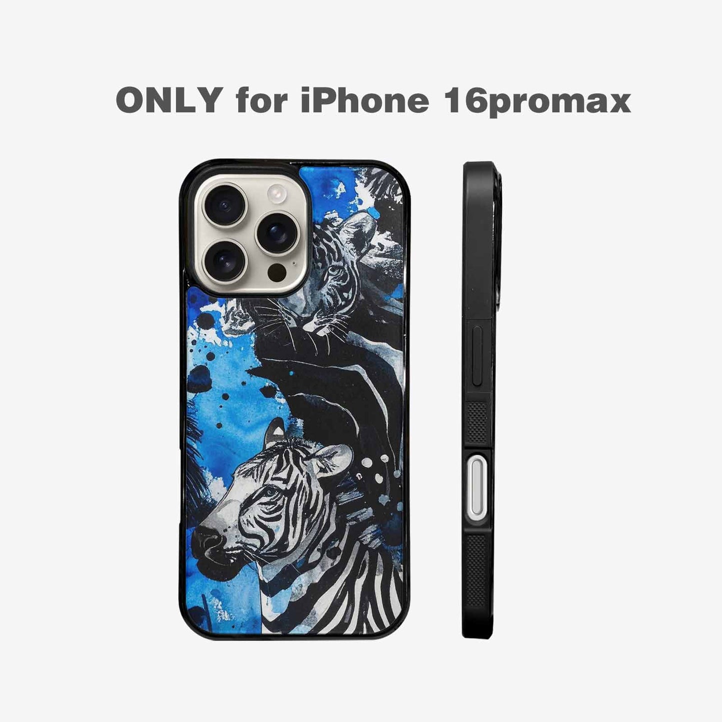 iPhone 16 Pro Max Case — Animal Print Black Blue Ink Animal, Original Design Phone Case