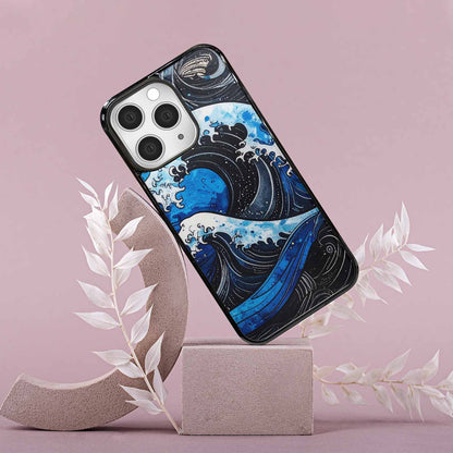 iPhone 15 Pro Max Case — Nautical Wave Black Blue Ink Wave, Original Design Phone Case