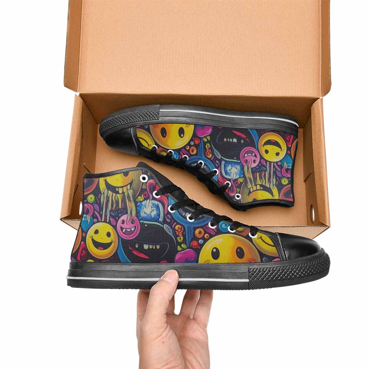 MEN'S Yellow Smiley Face High Top Canvas Neon Fantasy Shoes