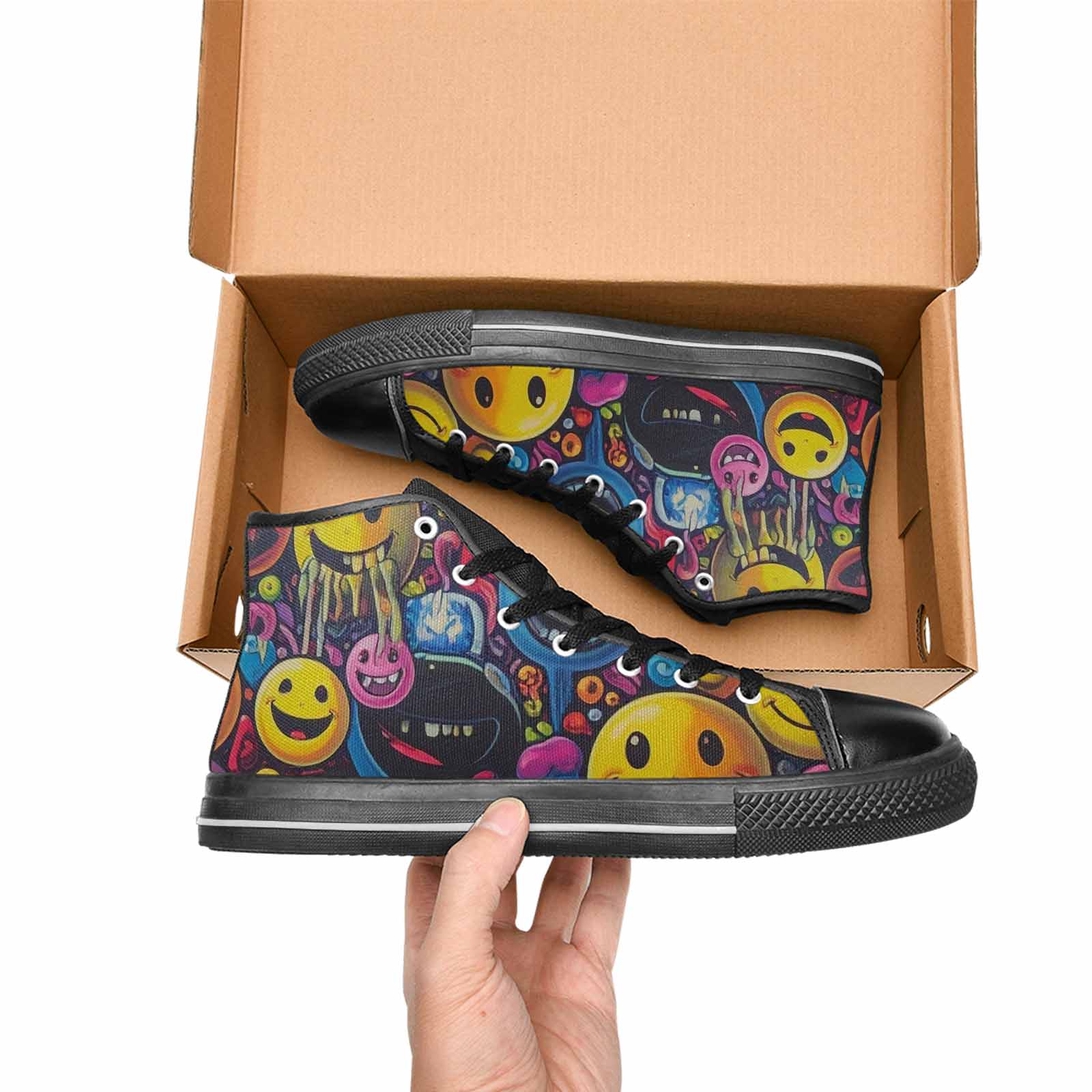 MEN'S Yellow Smiley Face High Top Canvas Neon Fantasy Shoes