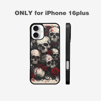 iPhone 16 Plus Case — Skull And Roses Black Red Ink, Custom Printed Phone Case