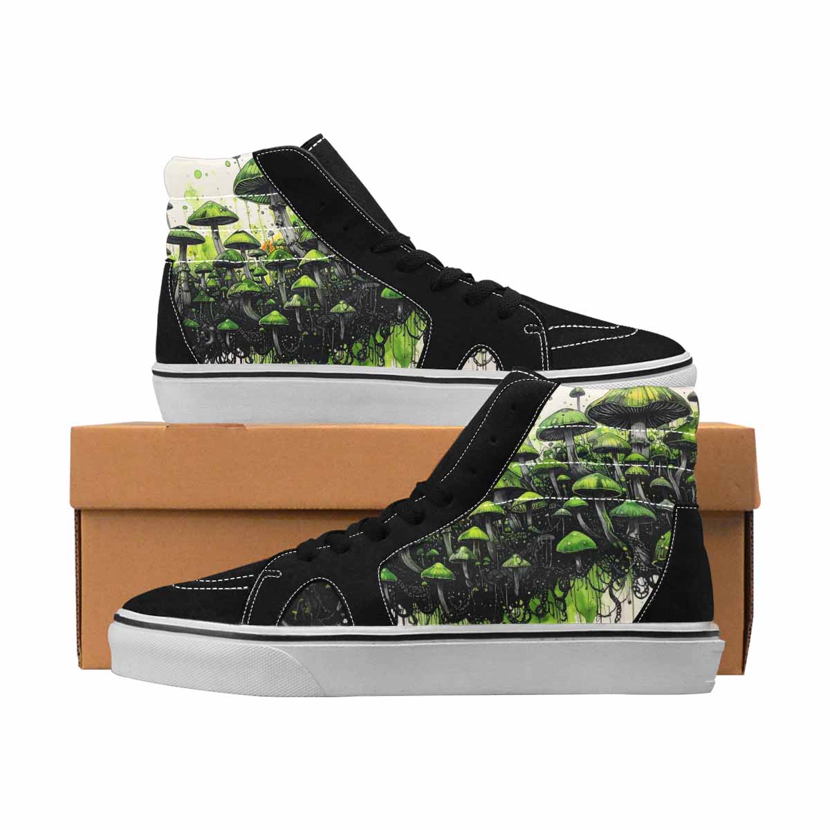 MEN'S Mushrooms Black & Green Ink High Top Canvas Original Design Melting Art Sneakers