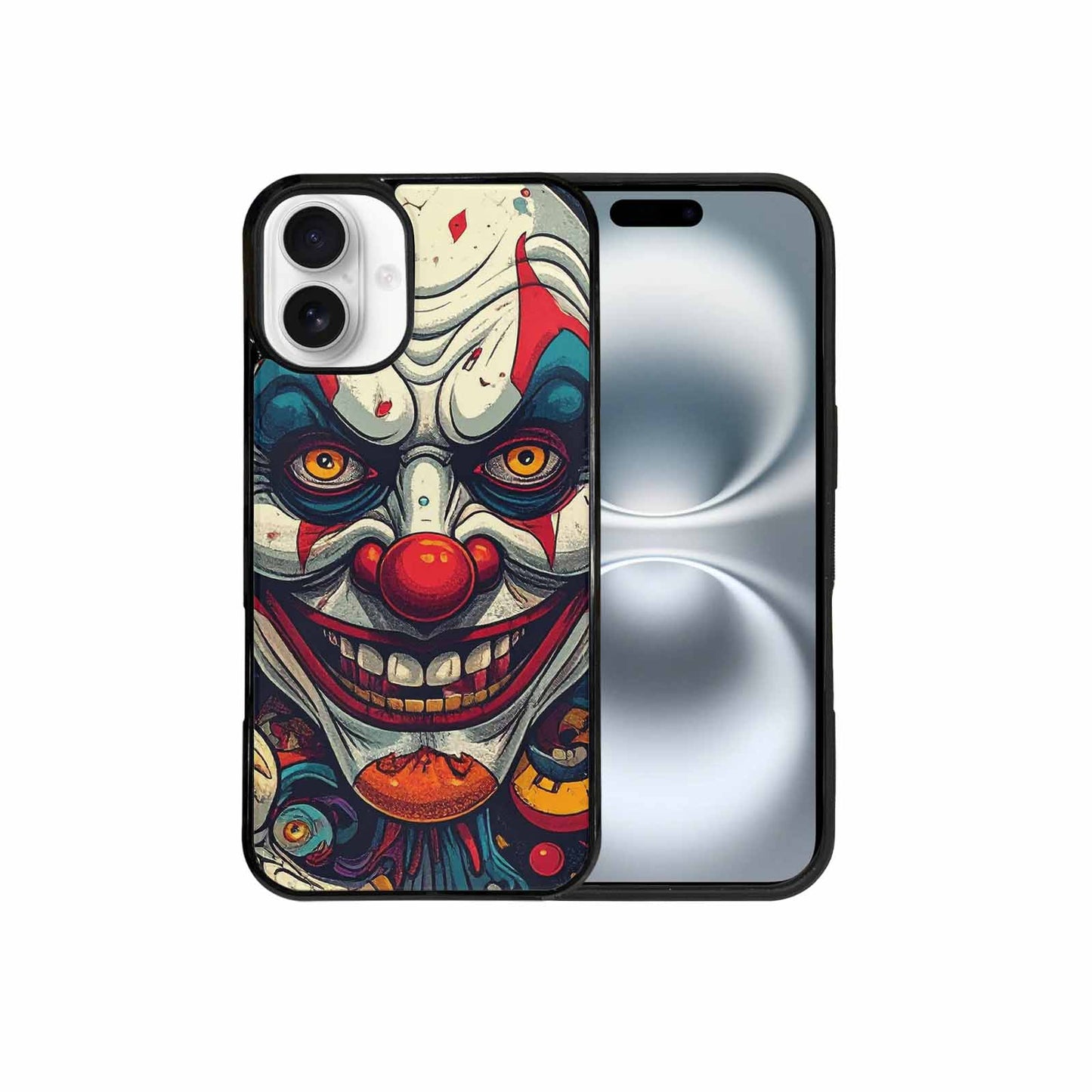iPhone 16 Plus Case — Evil Circus Heads Faces Overlapping Patterns, Custom Print Case Cover