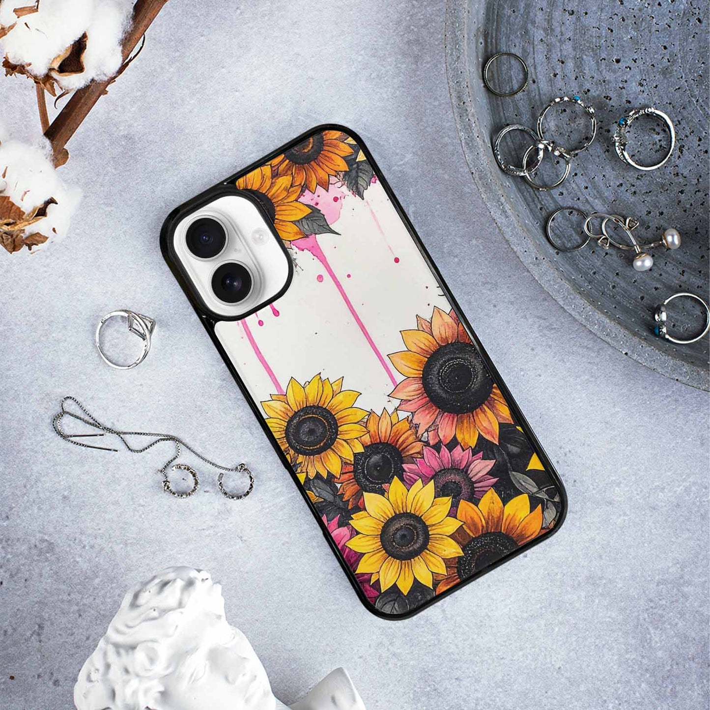iPhone 16 Plus Case — Sunflower Burst Black Pink Ink Sunflowers, Custom Art Phone Cover