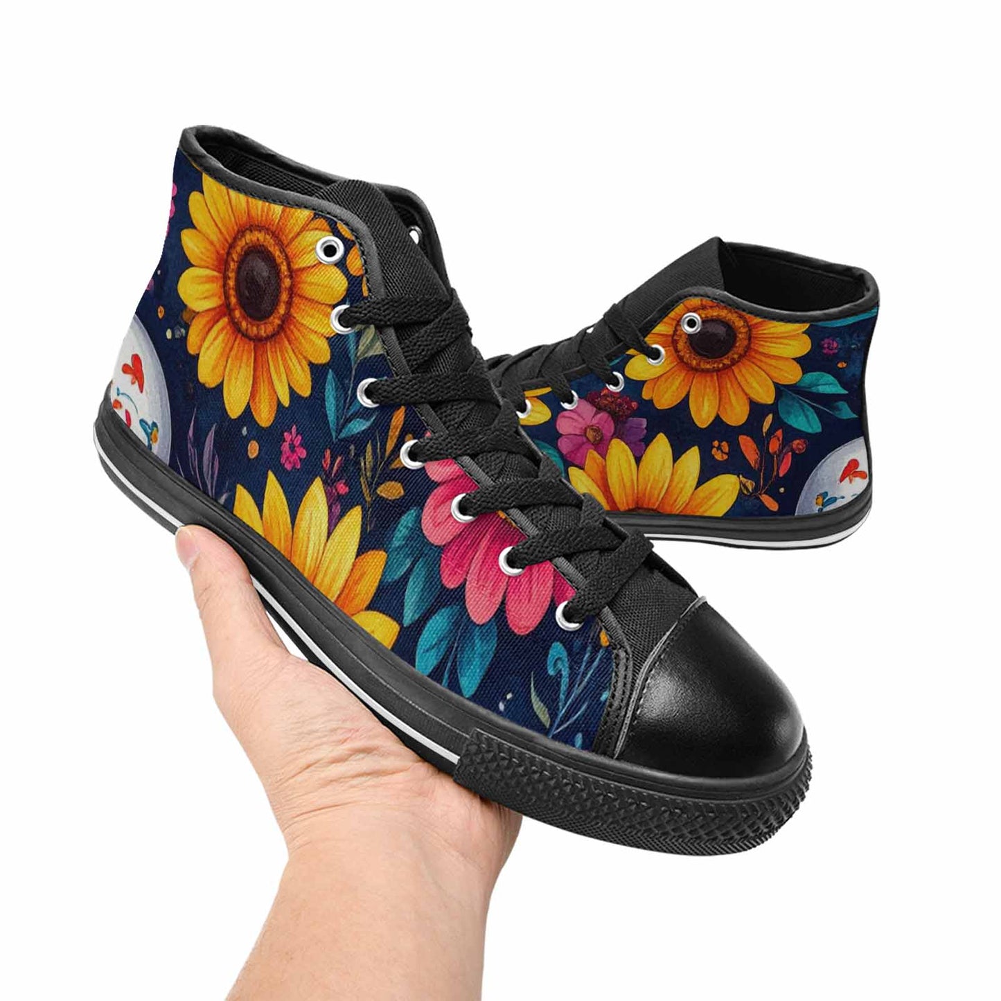 WOMEN'S Sunflower Skulls Print High Top Canvas Vivid Custom Shoes