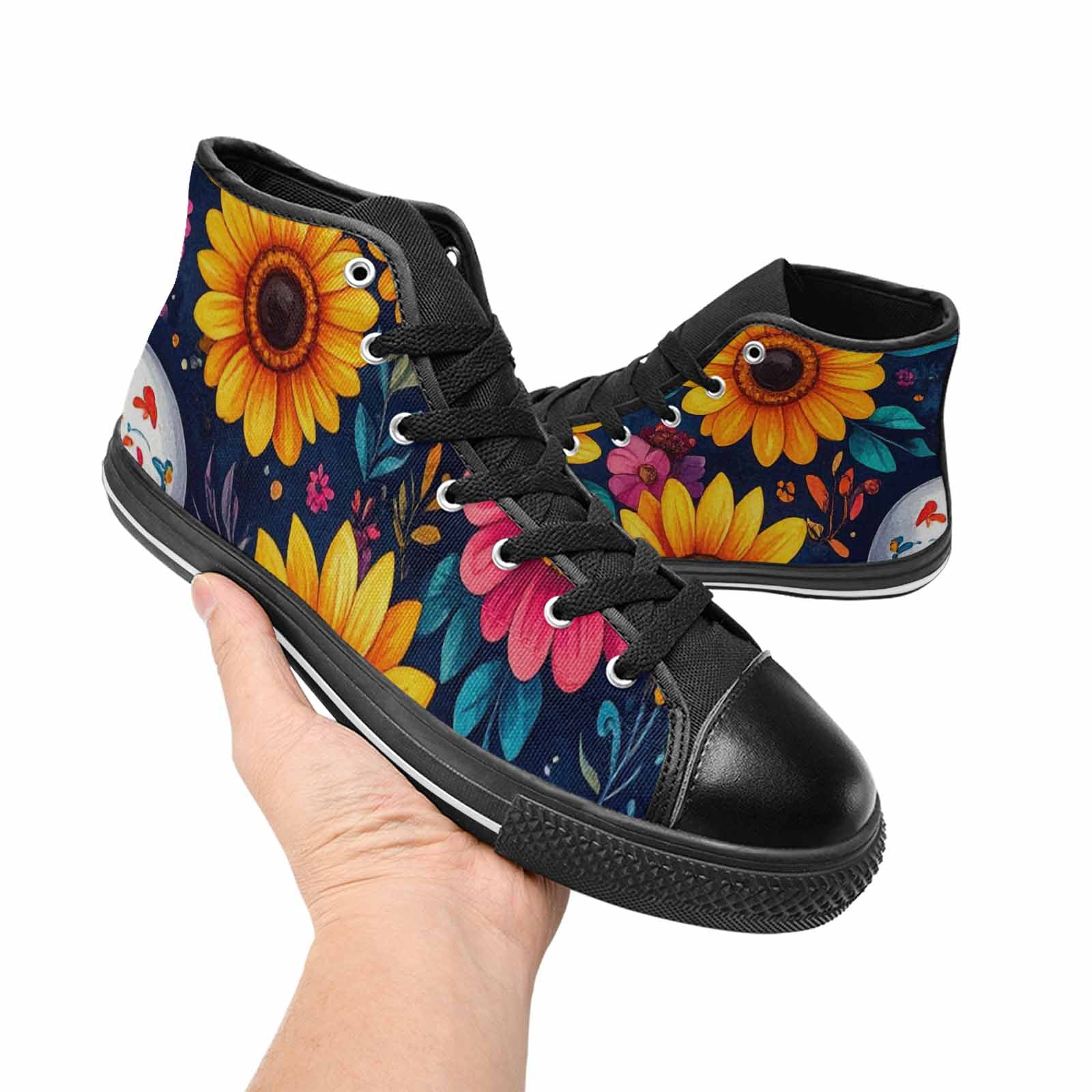 WOMEN'S Sunflower Skulls Print High Top Canvas Vivid Custom Shoes
