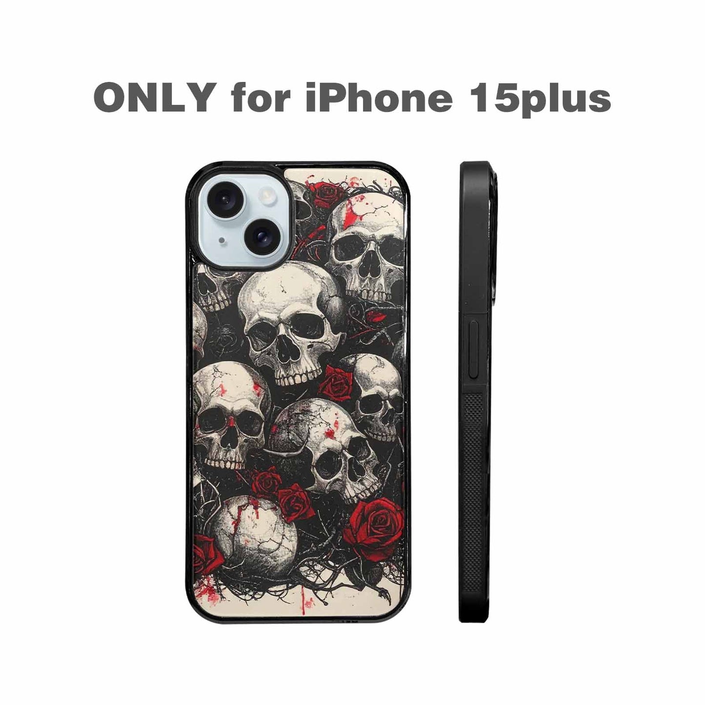 iPhone 15 Plus Case — Skull And Roses Black Red Ink, Custom Made Phone Cover