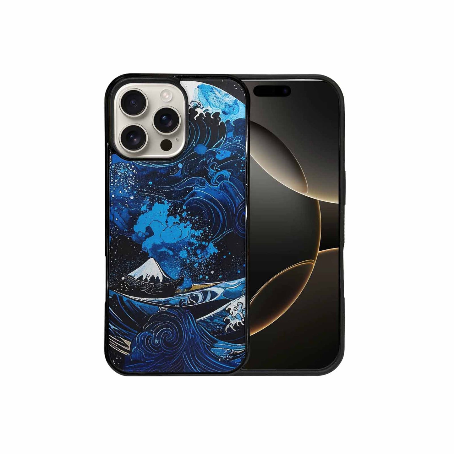 iPhone 16 Pro Max Case — Nautical Wave Black Blue Ink Wave, Unique Phone Case Design