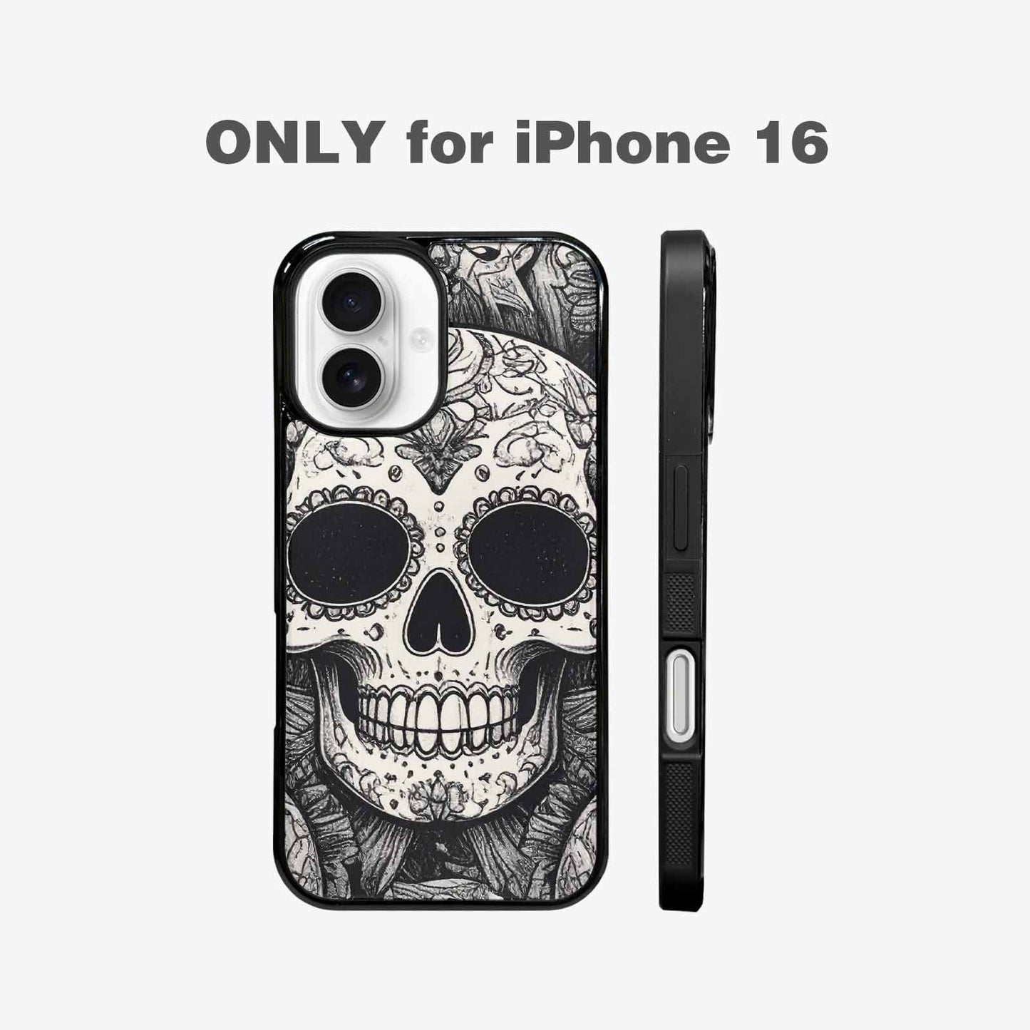 iPhone 16 Case — Intricately Detailed Sugar Skulls In Black, Customized Protective Case