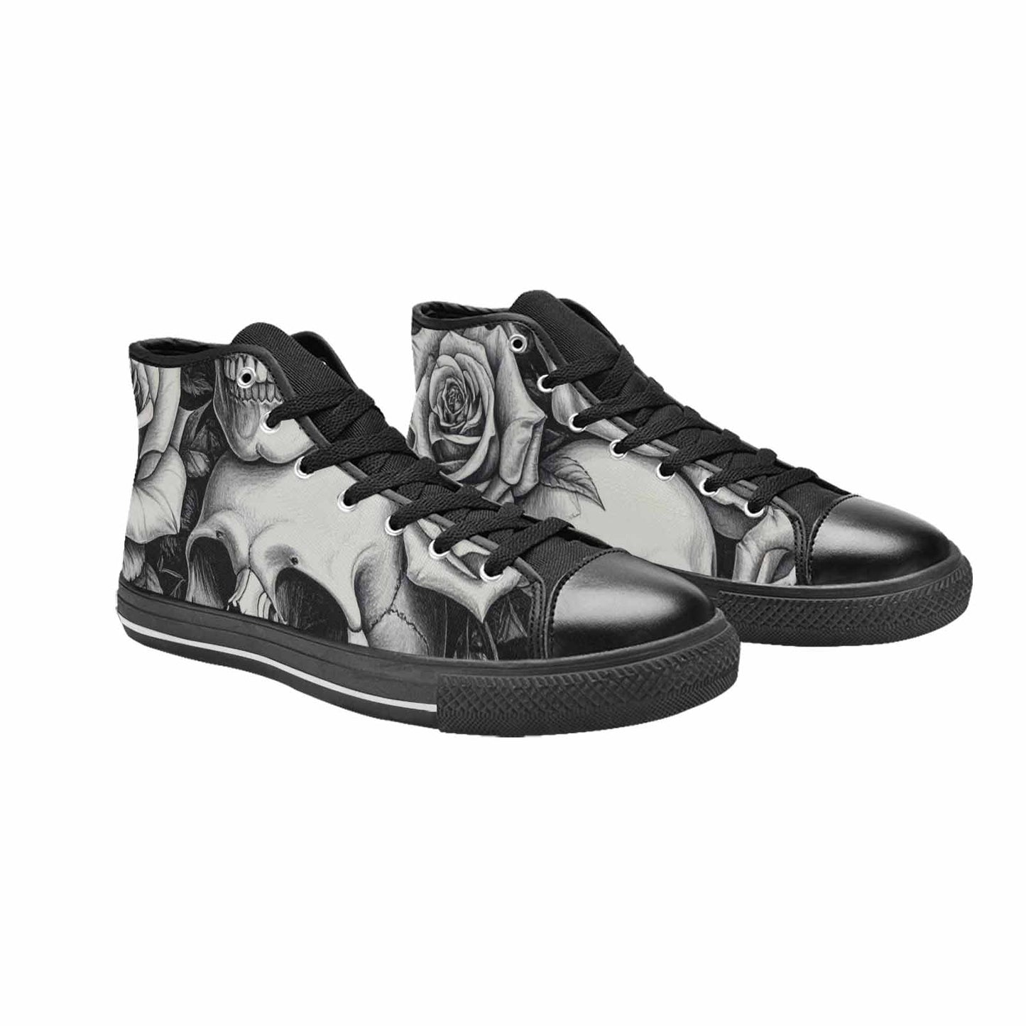 WOMEN'S Skulls Roses Pen Ink High Top Canvas Vibrant Chaos Sneakers