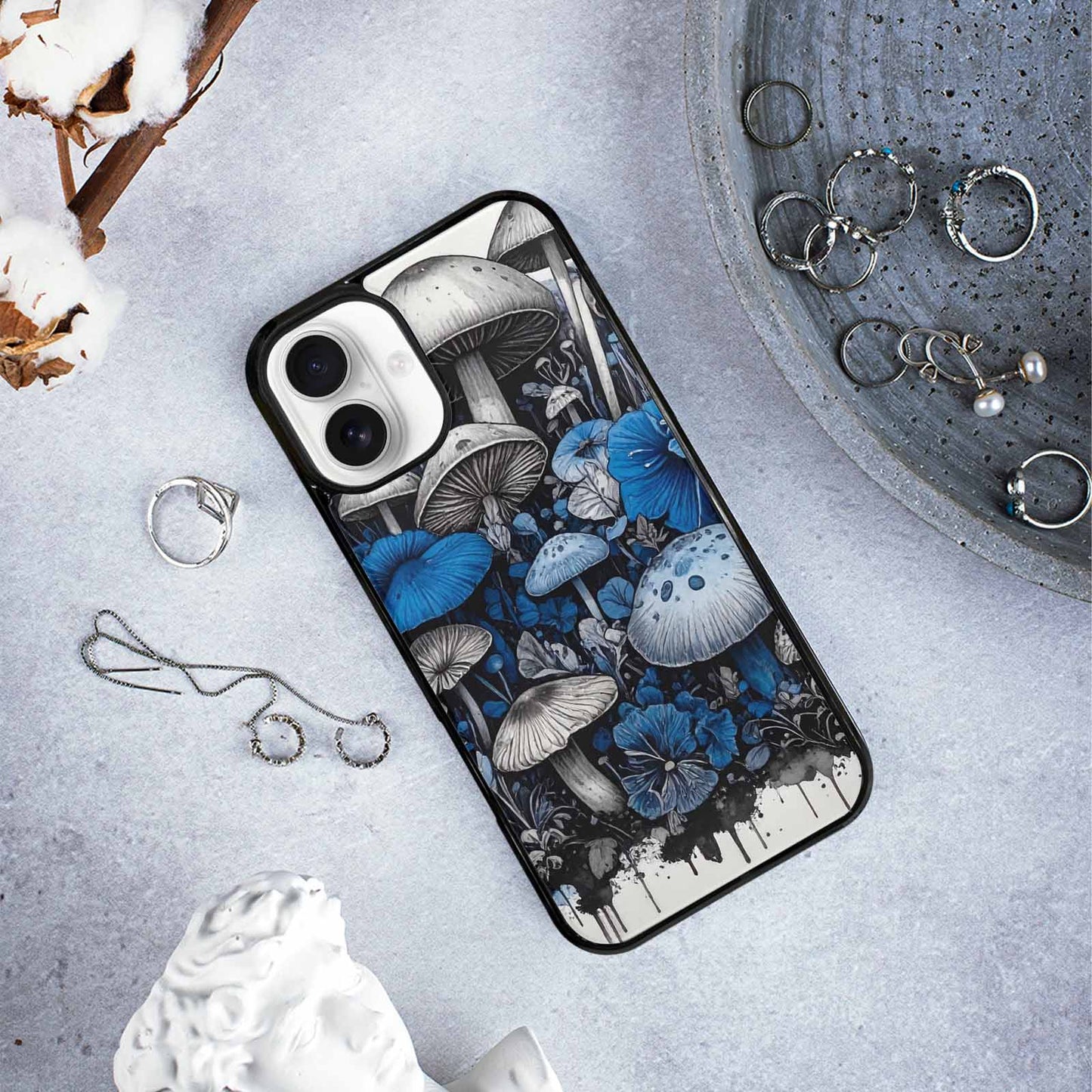 iPhone 16 Plus Case — Mushrooms General Black Blue Ink Mushrooms, Custom Made Phone Cover