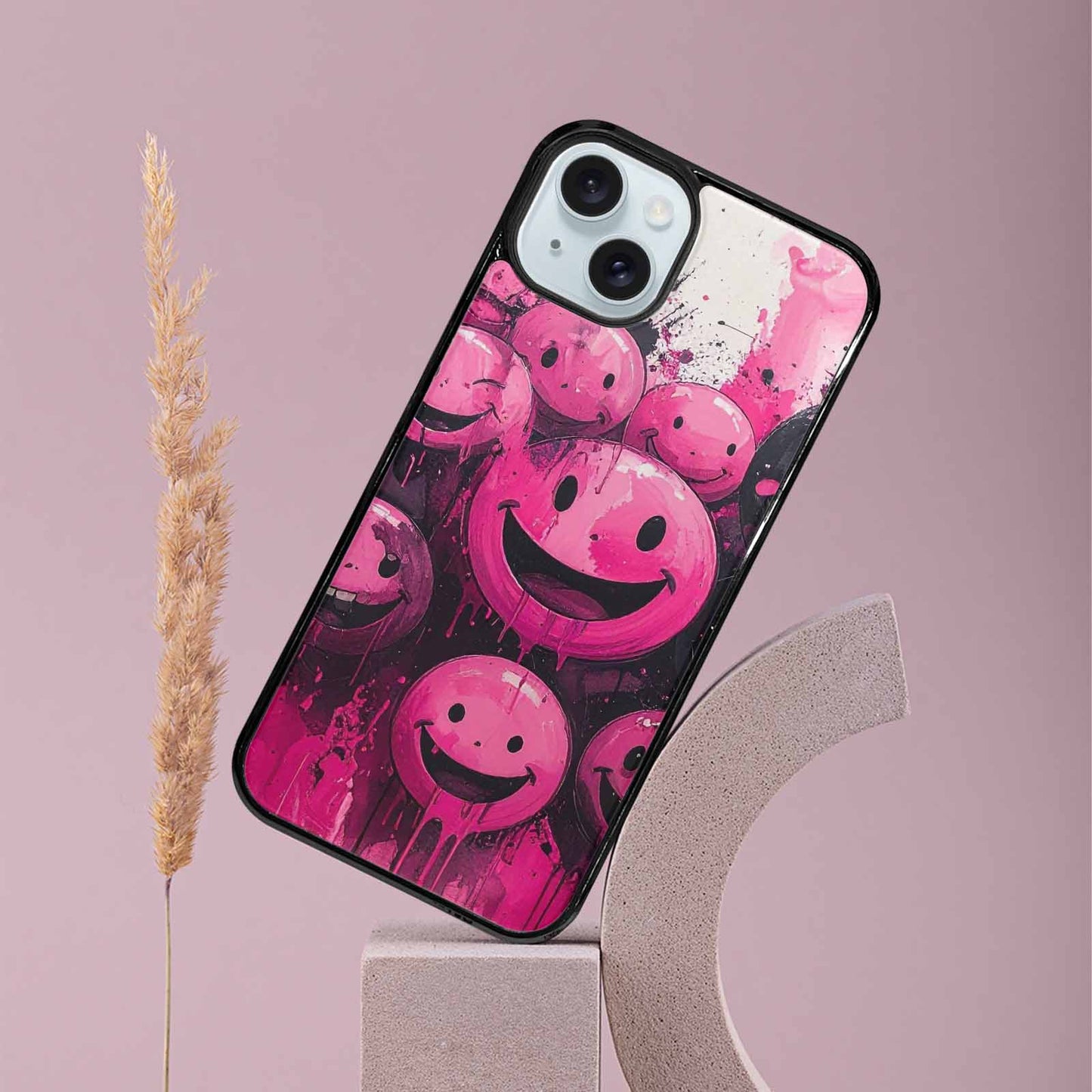 iPhone 15 Plus Case — Melting Moon Smiley Black Pink Ink, Customized Protective Case
