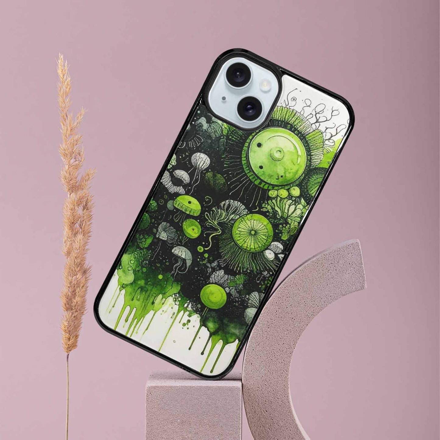 iPhone 15 Plus Case — Sea Creature Burst Black Green Ink, Personalized Phone Case