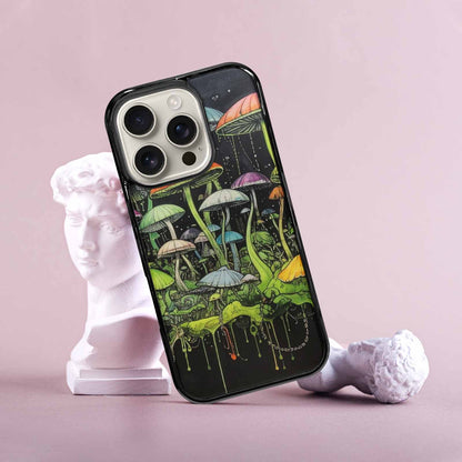 iPhone 16 Pro Case — Rainbow Drip Mushrooms Black Green Ink, Customized Protective Case