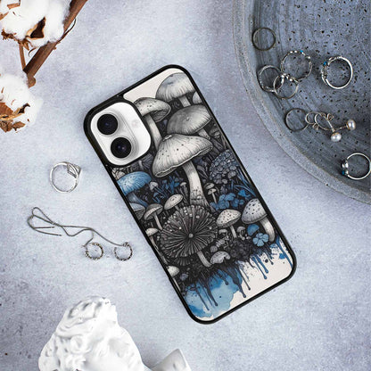iPhone 16 Plus Case — Mushrooms General Black Blue Ink Mushrooms, Customized Protective Case
