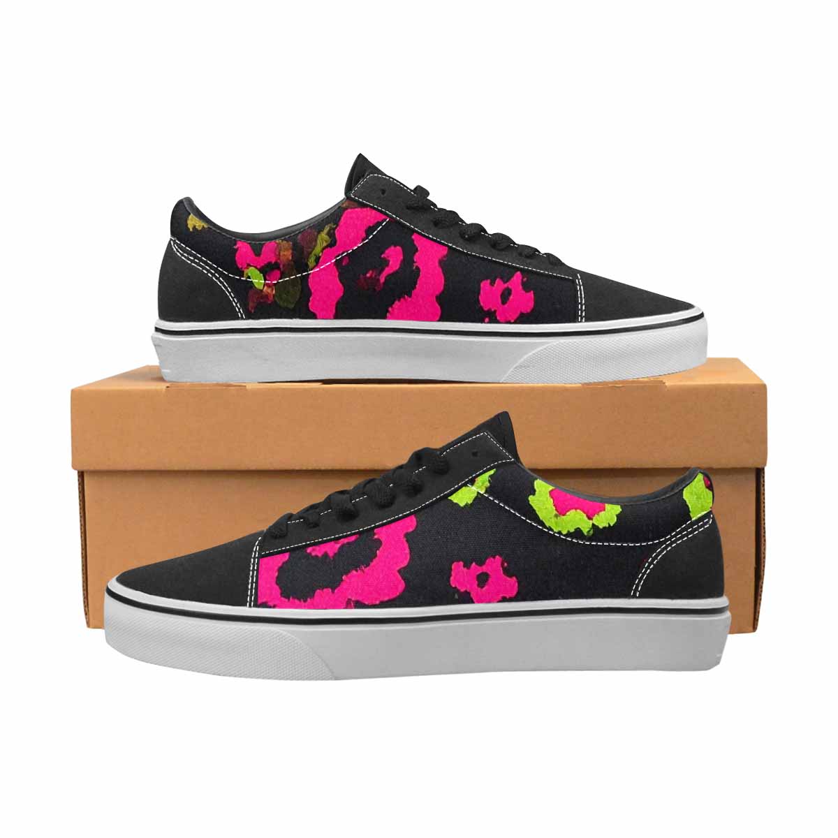 WOMEN'S Leopard Neon Rosette Black Canvas Lace-Up Surreal Custom Sneakers