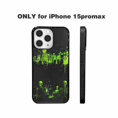 iPhone 15 Pro Max Case — Skeletons Neon Green Glow Skeletons Pattern, Custom Print Case Cover