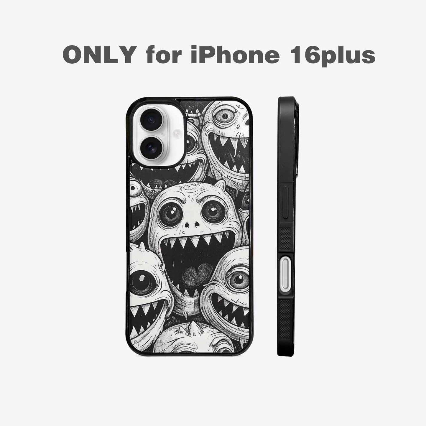 iPhone 16 Plus Case — Black And White Monster Face Collage, Custom Phone Case
