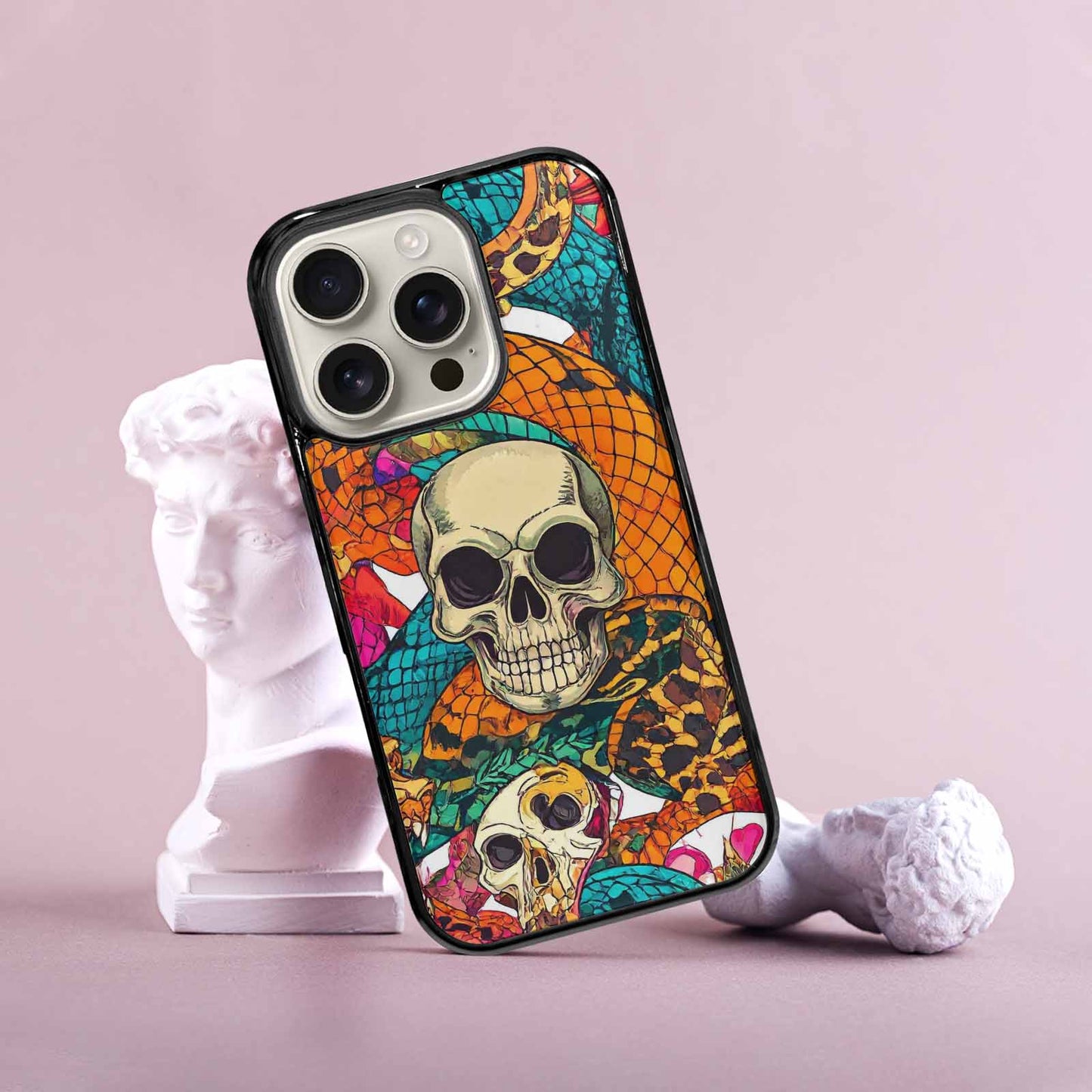 iPhone 16 Pro Case — Snake Print Skull, Custom Art Phone Cover